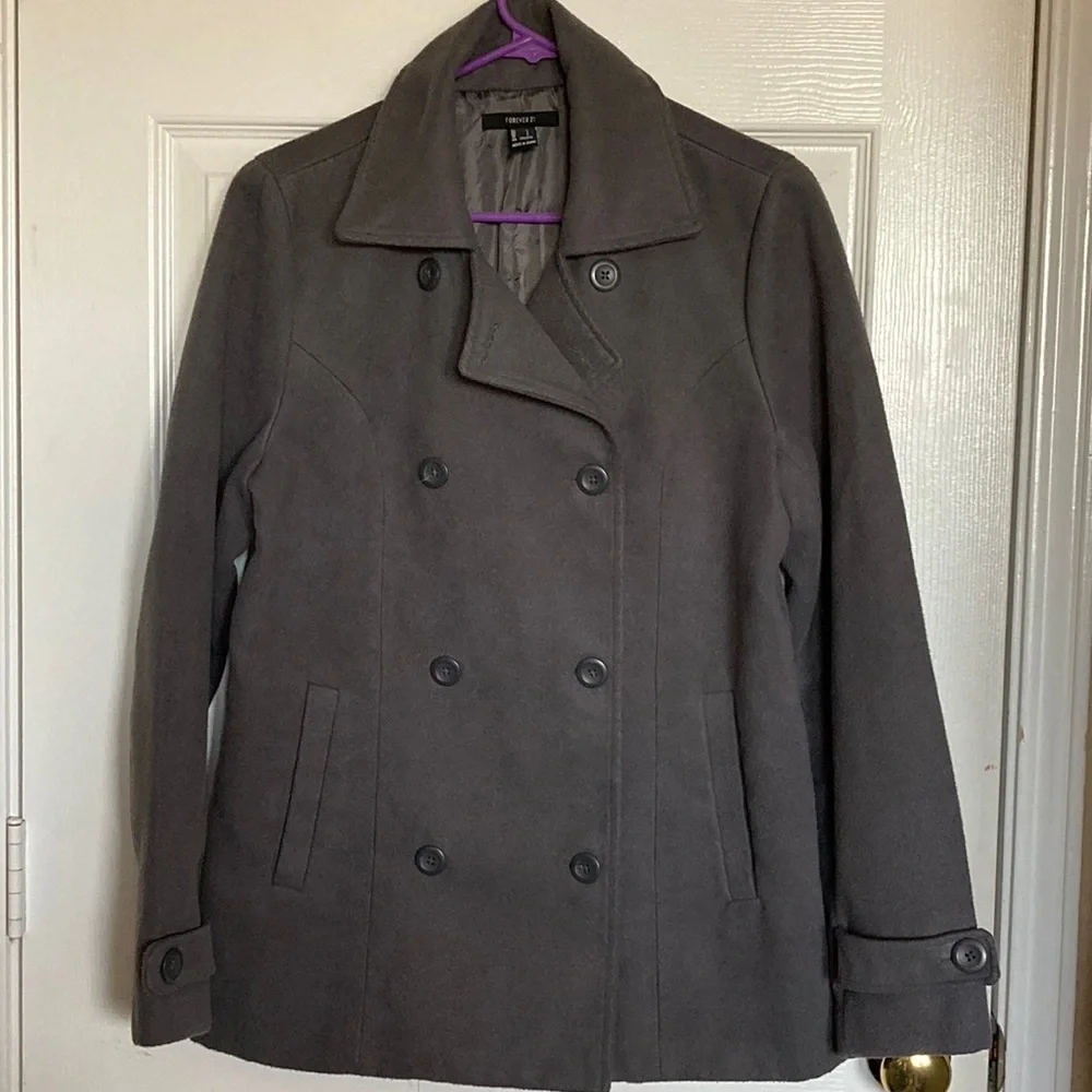 Forever 21 Gray Pea Coat Size Large - Picture 2 of 12